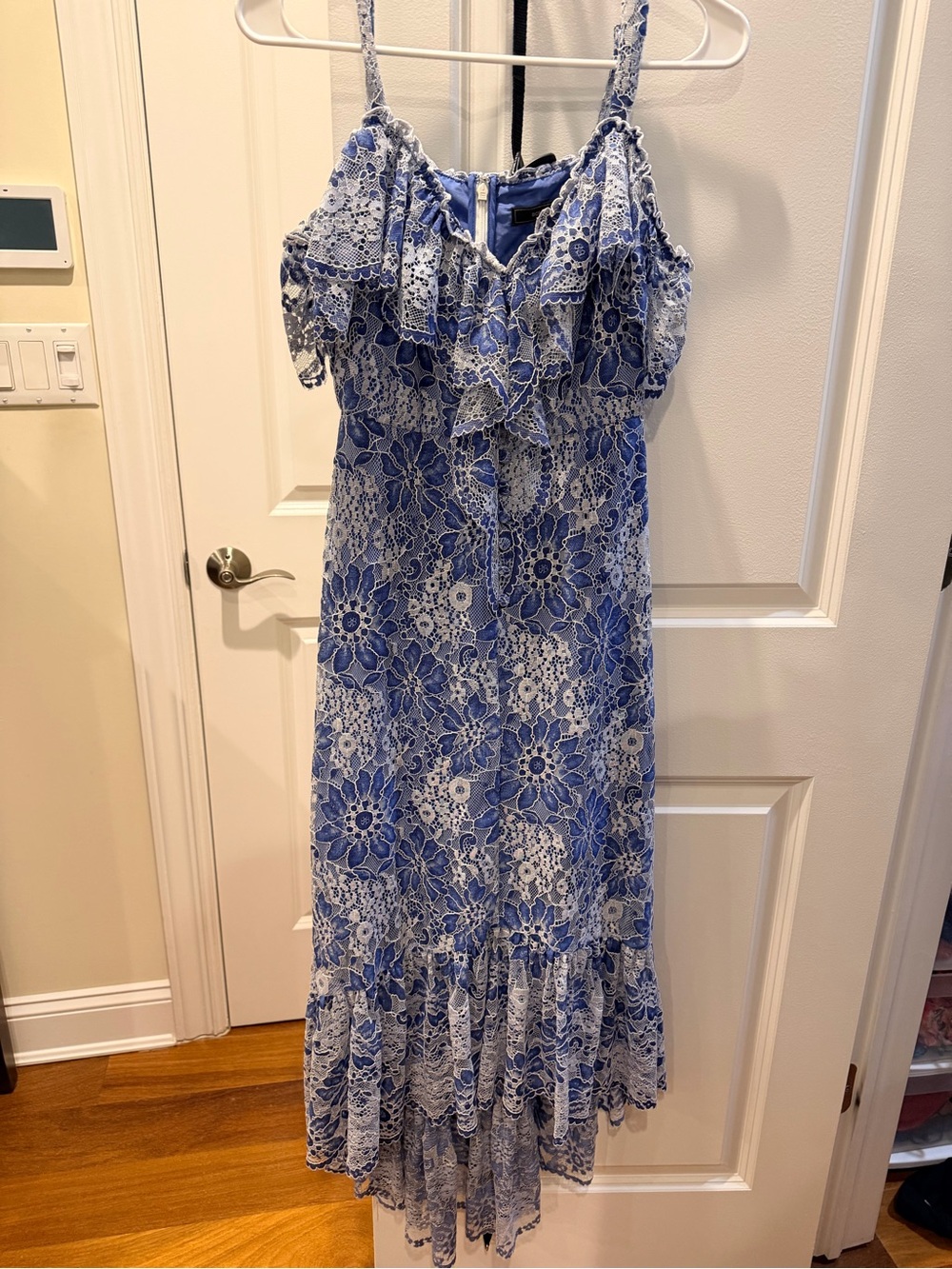 BCBGMaxAzria Blue and White Floral Lace High-Low Dress
